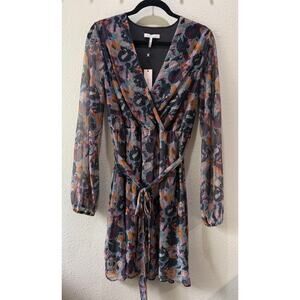 BCBGeneration Floral Long Sleeve Mini Faux Wrap Dress Plum Teal Gold Size 10 NWT